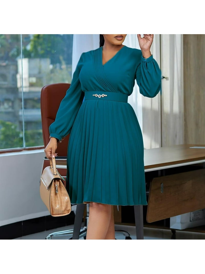 ZANKLEY Women's Plus Size Chiffon Long Sleeve Elastic Waist A-Line Knee Length Wedding Guest Dresses Pleated Long Dress, Size: Medium, Blue