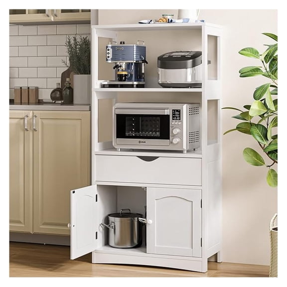 Kitchen Pantry Storage Cabinets with Shelves,Drawer and Doors,Microwave Cart with Storage,Freestanding Floor Sideboard Cabinet with Microwave Space,Bookshelf,Display Unit for Home,White
