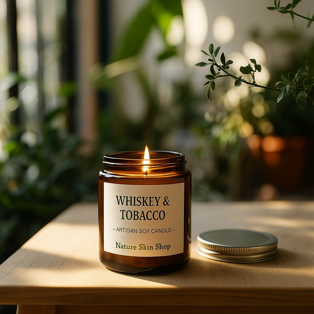 Nature Skin Shop Whiskey & Tobacco Soy Candle – Clean-Burning Wood Wick Candle with Warm Amber, Musk & Vanilla Notes – 8 oz Jar – Modern Home Fragrance