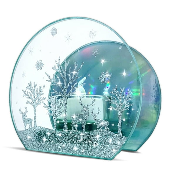 Deer Candle Holder with Silver Glittered Trees Scene - Northern Lights Mirrored Back - 3.75" x 4.25" - Glass Winter Candleholder