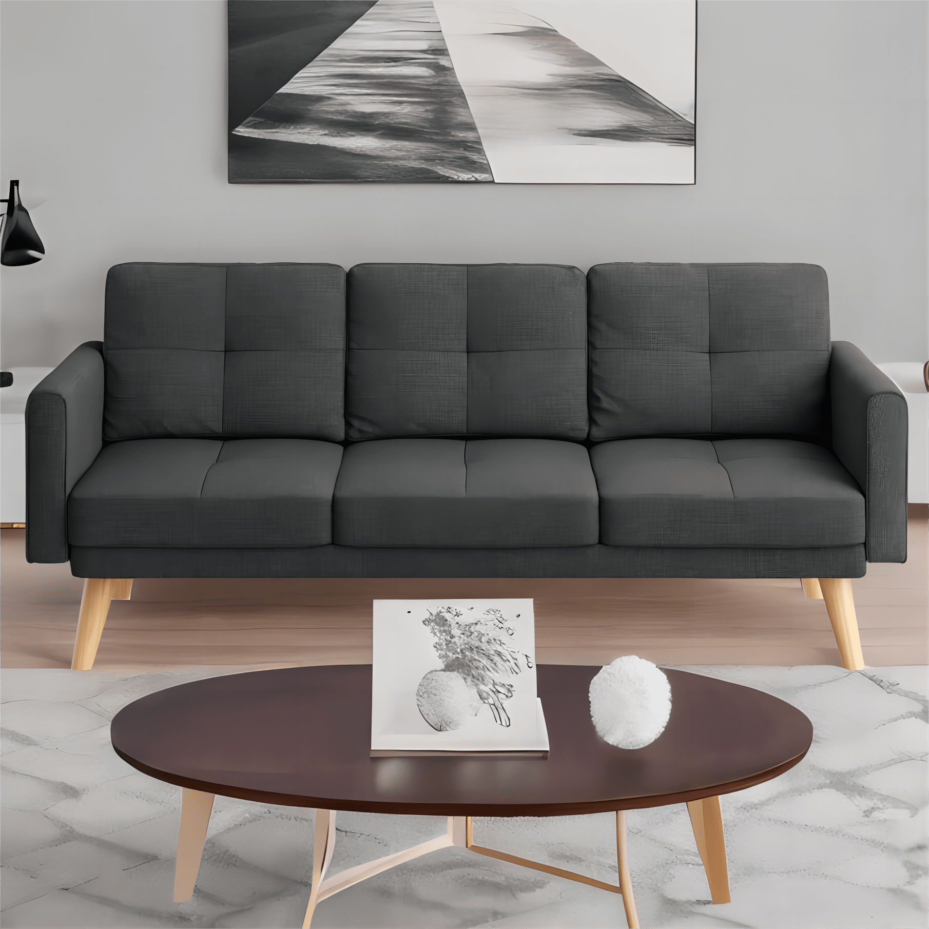 Lofka 68" Sofa and Couch with Side Storage Pocket and 4" Thick Cushions for Living Room, Dark Gray Modern Home Furniture