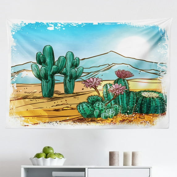 Cactus Tapestry, Cactus Petals Spikes Sun and Flowers in a Hot Mexican Desert Nature Beauty Art Print, Fabric Wall Hanging Decor for Bedroom Living Room Dorm, 2 Sizes, Green, by Ambesonne