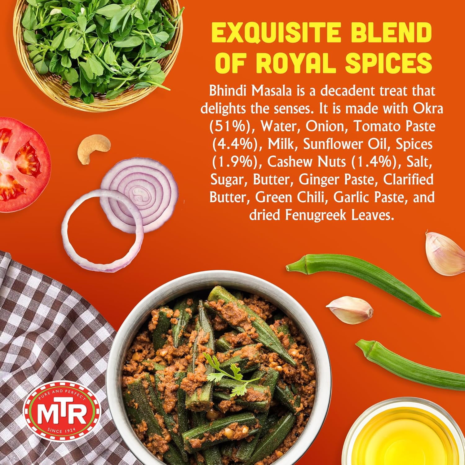 MTR Bhindi Masala - Fried Okra in Spiced Gravy - Authentic Indian Ready To Eat Meal - Plant-Based, Delicious Microwave Food - Perfect for Quick and Nutritious Indian Cuisine Lovers (300g, Pack of 6)
