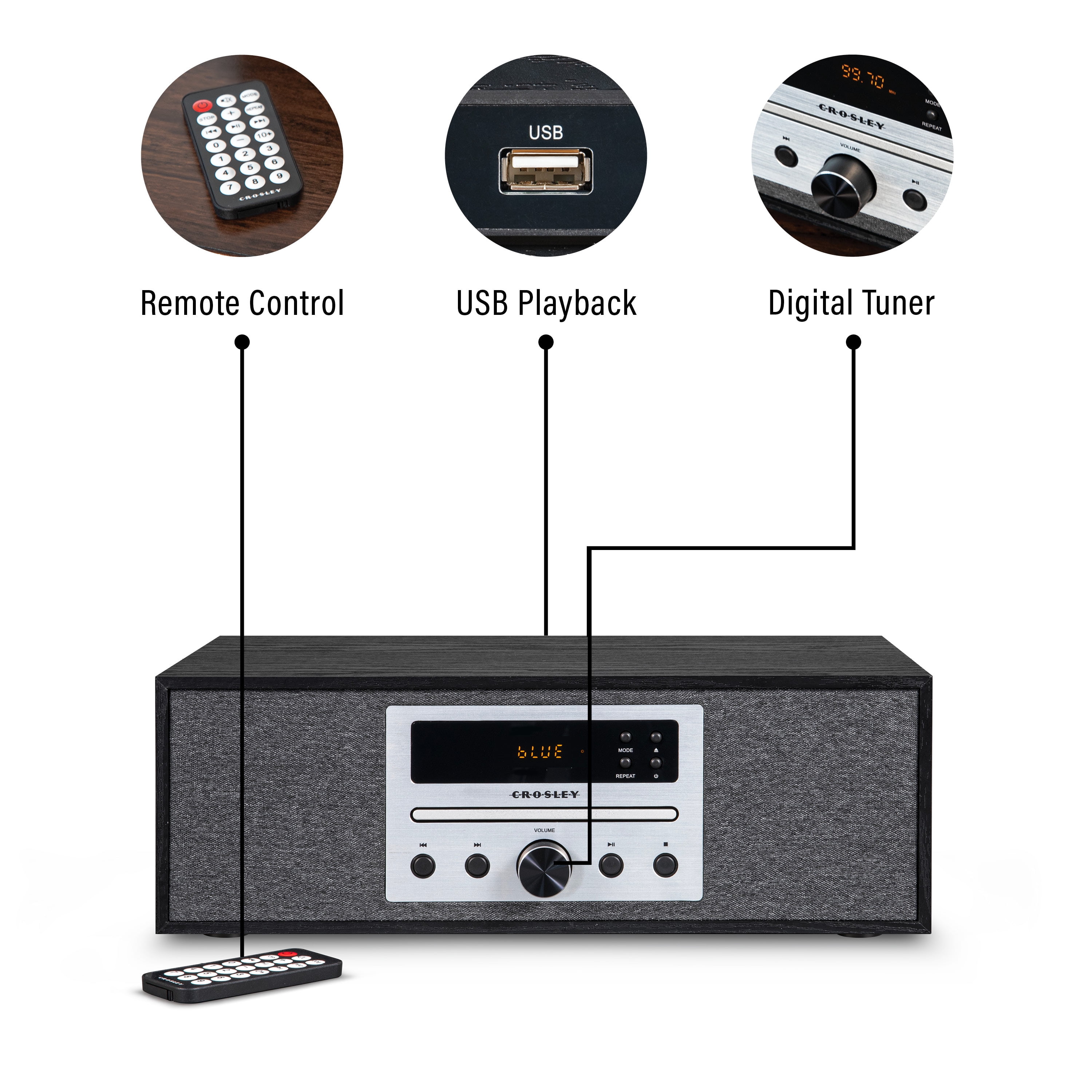 Crosley Finn AM/FM Radio CD Player with Stereo Bluetooth Speakers, Wireless Music Streaming