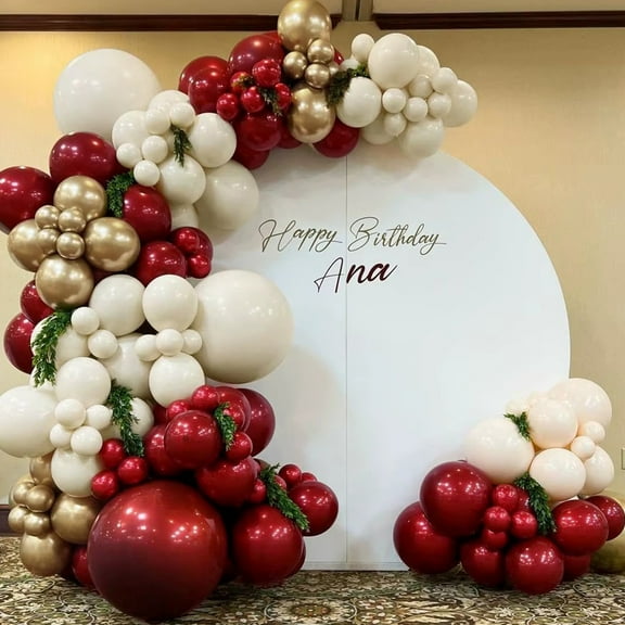 120pcs Gold, Sand White & Pomegranate Red Balloon Garland Arch Kit, suitable for weddings, birthday party decorations, gender reveals, anniversary parties, and background decorations.