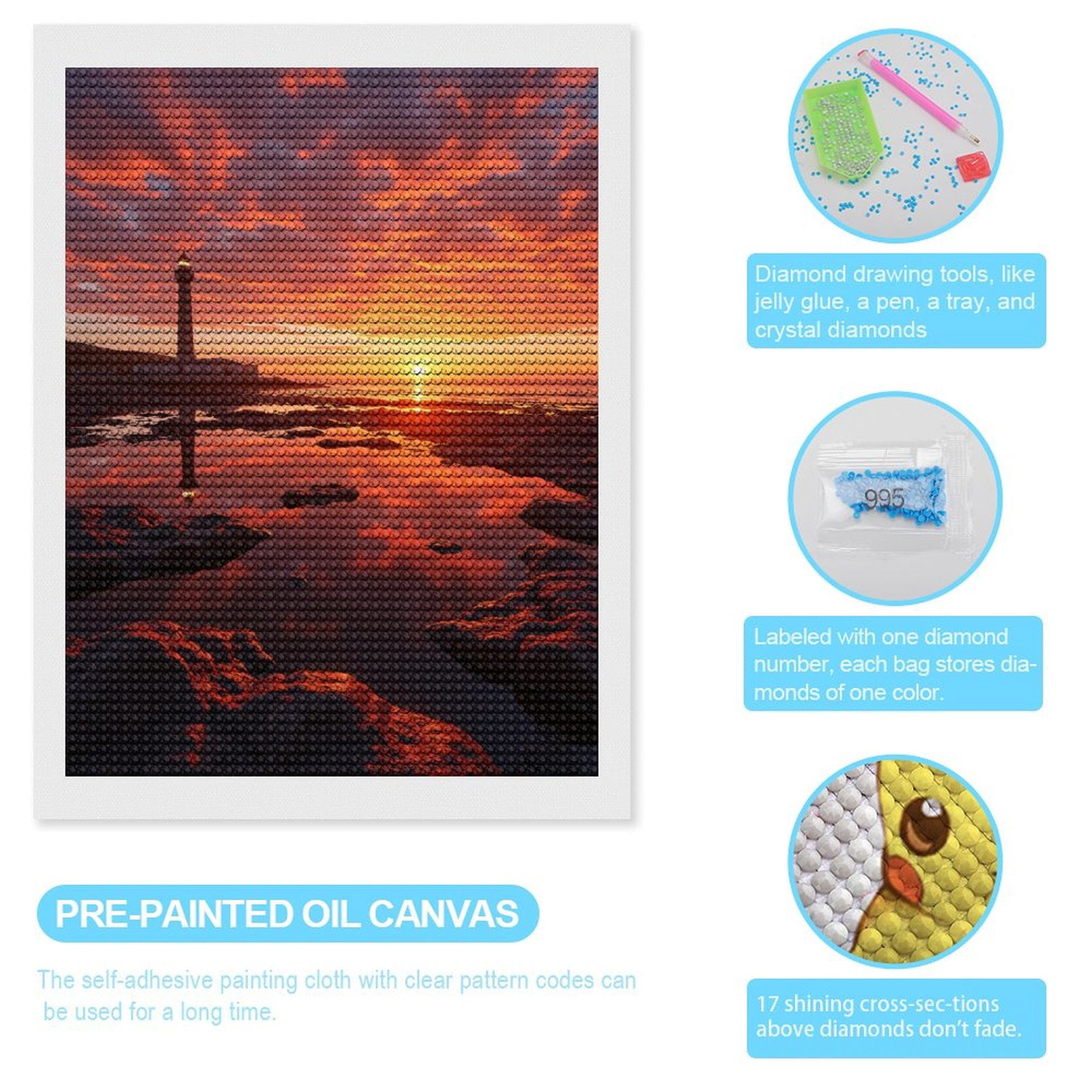 Diamond Art Kits for Adults, Sunset Lighthouse Reflection Rock Shore 5D Diamond Painting Kits for Adults Beginners, DIY Full Drill Diamond Painting, Gem Art and Crafts 12x16