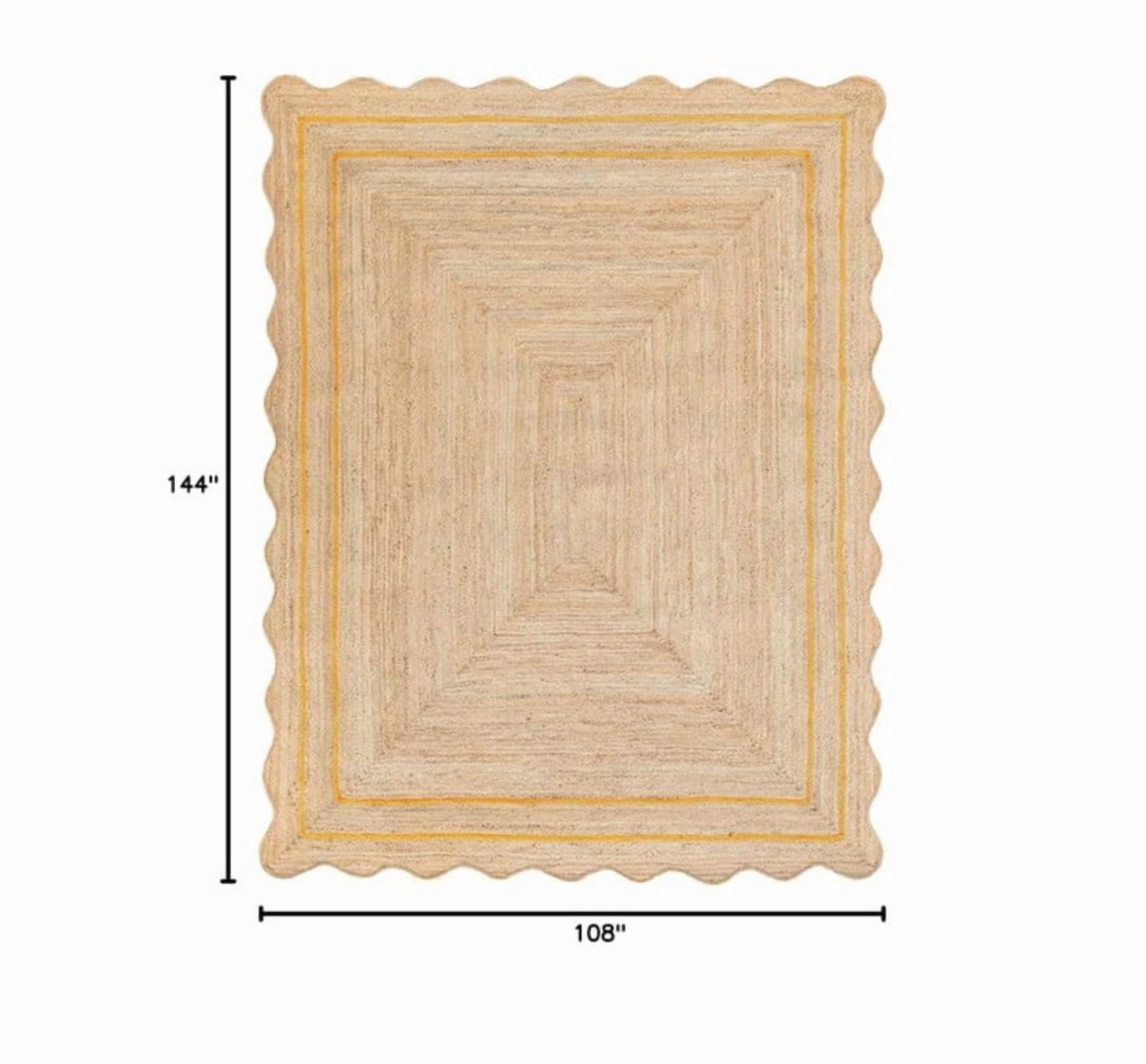 Wave Scalloped Natural Jute Rug, Handmade Boho Farmhouse Braided Eco-Friendly Indoor Carpet for Living Room, Bedroom, Hallway, Yellow, 9 X 12 FT