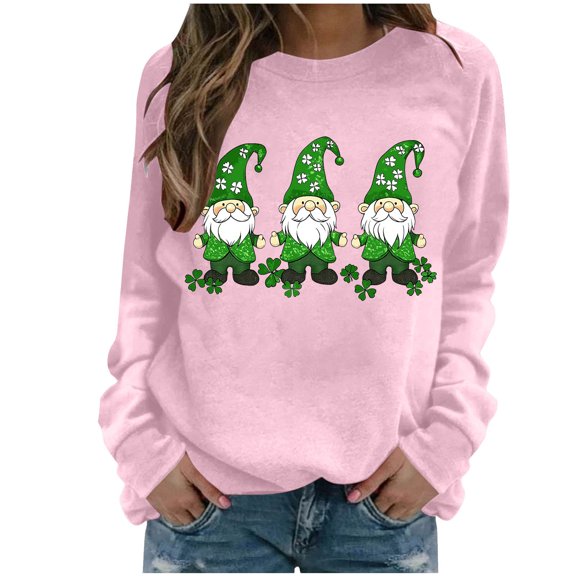 Womens St Patricks Day Shirt Cute Gnome Shirts Crew Neck Long Sleeve Tops Shamrock Graphic Sweatshirt Irish Shirts for Women