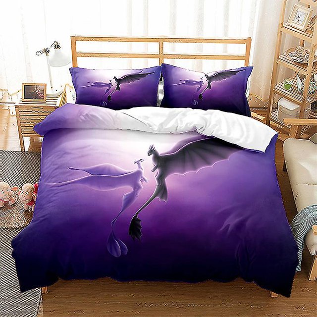 funda de edredón con estampado de la serie cómo entrenar a tu dragón, juego decorativo para dormitorio infantil 200 x 230 cm; vista frontal de cama con diseño degradado morado, dos dragones enfrentados en el centro, almohadas a juego, revés blanco y tejido liso, ideal para ropa de cama infantil y decoración temática.