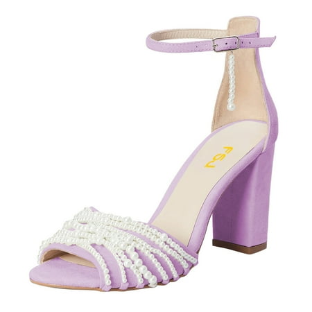 

FSJ Women Elegant D’-orsay Chunky High Heel Open Round Toe Sandals Comfort Ankle Strap Buckle Shoes with Pearl Decor Soft Color for Lady Size 5 Purple