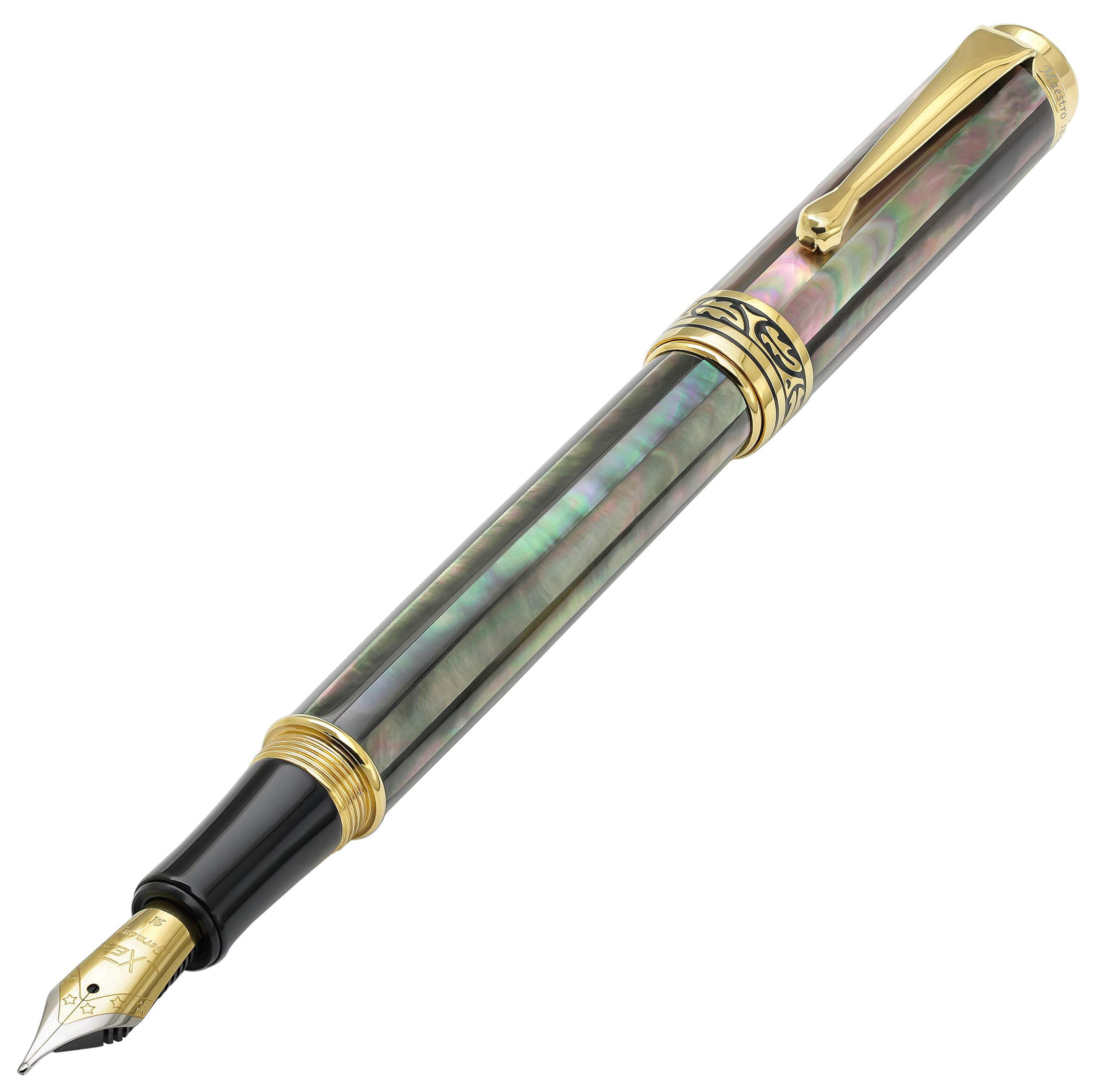 Xezo Xezo Maestro® 18K Gold Plated Fountain Pen (Medium Nib) - Tahitian Black Mother of Pearl