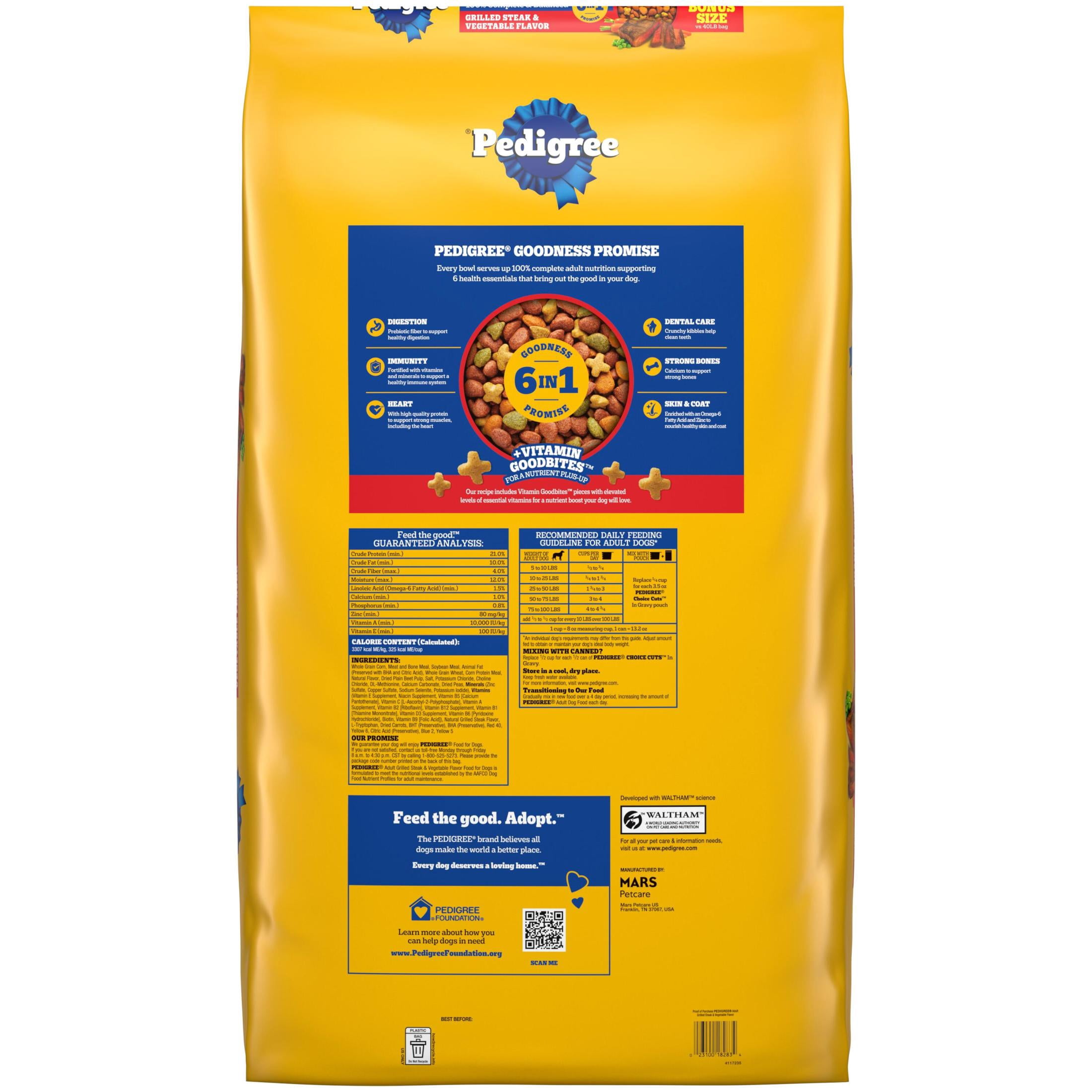 Pedigree High Protein Grilled Steak & Vegetable Flavor Adult Dry Dog Food, 40 lb Bag
