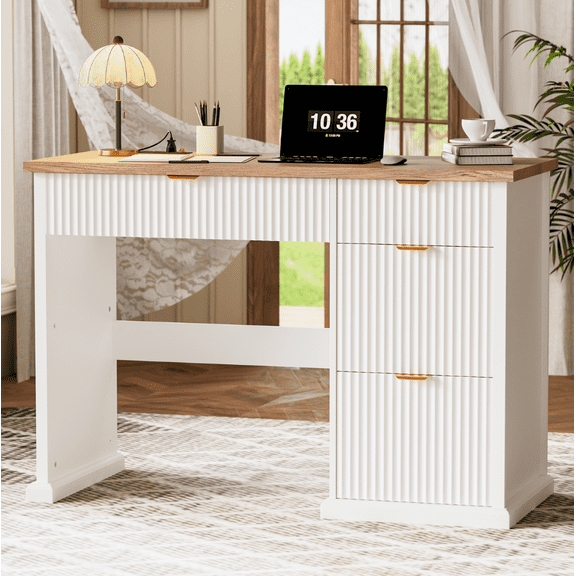 47" Farmhouse Executive Desk, Home Office Desk with Drawers and Charging Station, Wood Home Office Desk, Fluted Computer Writing Desk for Study, Living Room, Bedroom