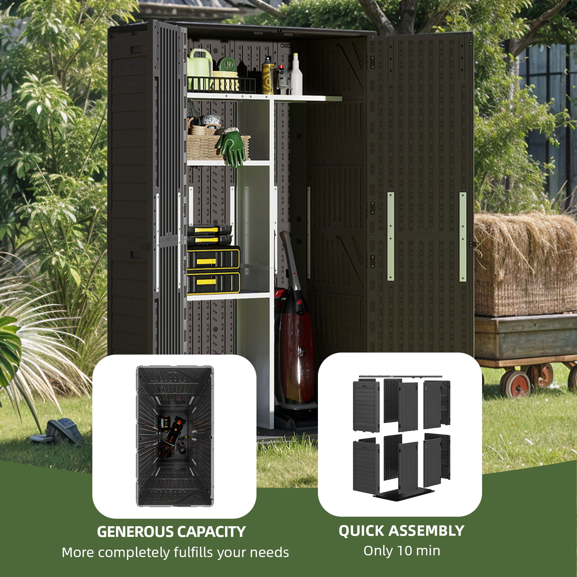 Craftian Outdoor Vertical Storage Shed, 25 Cubic Feet with Shelving for Bicycles, Garden Tools, Garage, Poolside, Dark Gray & Black