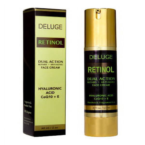 Deluge’s Retinol Dual Action Face Cream with Hyaluronic Acid, CoQ10 & Vit E – Hydrating, Repairing & Anti Aging Formula (2 FL oz)