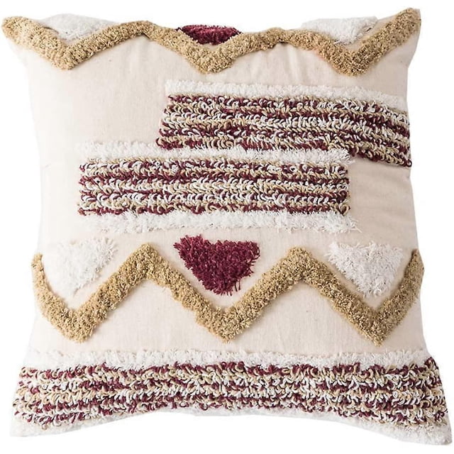 Funda de cojín decorativa tejida bohemia con mechones y bordado geométrico marroquí, color beige, 45,7 x 45,7 cm