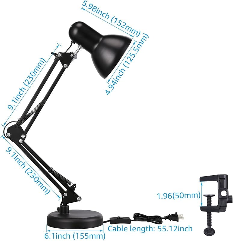 Metal Desk Lamp with Clamp, Swing Arm, Architect Adjustable Gooseneck Table Lamp, Clip Desk Lights for Home Office, Work, Study, Reading, E26 Base, Multi-Joint, Black