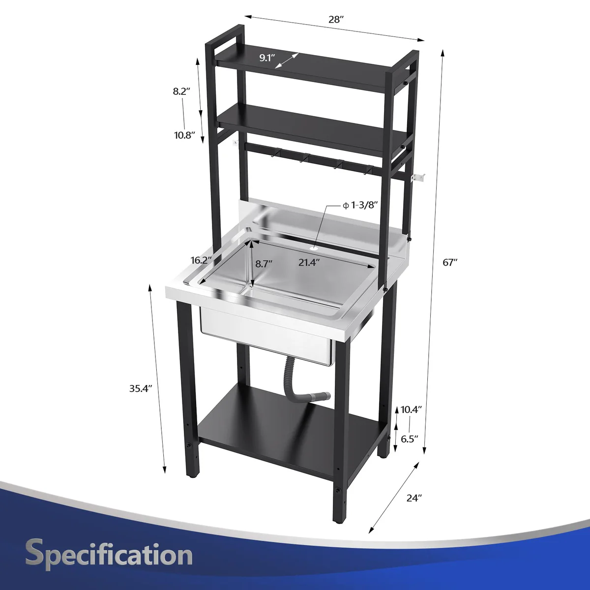 Ktaxon 28" × 24" Stainless Steel Utility Prep Sink with Adjustable Shelves, One Compartment Freestanding Sink with Backsplash & 3.5" Drain