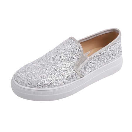 

Feversole Women s Fashion Slip-On Sneaker Casual Platform Loafers Glitter Ice Silver Size 8.5 M US