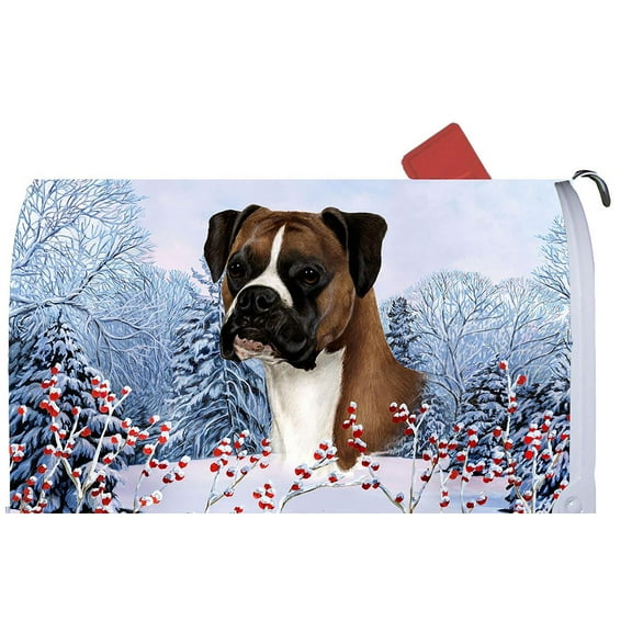 Boxer Fawn Uncropped - Best of Breed Dog Breed Winter Berries Mail Box Cover