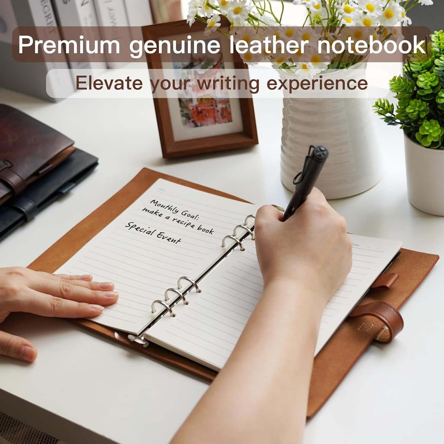 Vintage Leather A5 Binder Notebook, Refillable 6-Ring Journal with Pocket & 160 Lined Pages for Writers Office Study