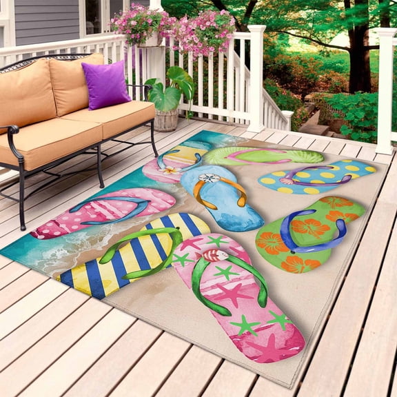 Colorful Flip Flops Outdoor Rug for Patio/Deck/Porch, Non-Slip Large Area Rug 3 x 5 Ft, Summer Blue Beach Ocean Indoor Outdoor Rugs Washable Area Rugs, Reversible Camping Rug Carpet Runner