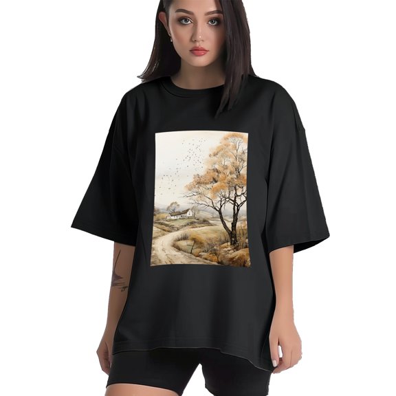 Plus Size Shirt for Women Black Tops for Women Short Sleeves Shirt for Women Trees In An Autumn Countryside T Shirt Crewneck Shirt for Women XS