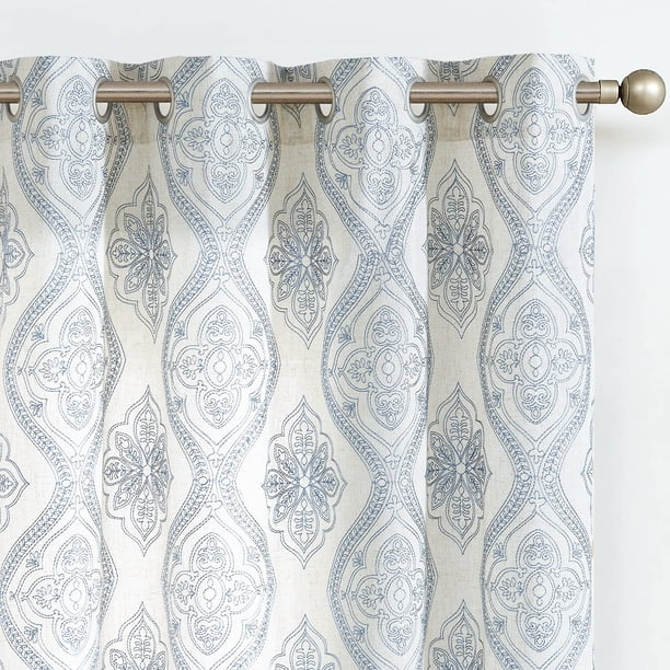 Cortinas Jinchan Boho de lino para sala de estar, 214 x 213 cm, color azul y crudo