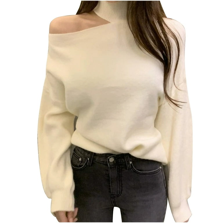 Women s Off Shoulder Turtleneck Sweater Fashion Fall Long Sleeve Pullover Solid Knit Sweater Tops