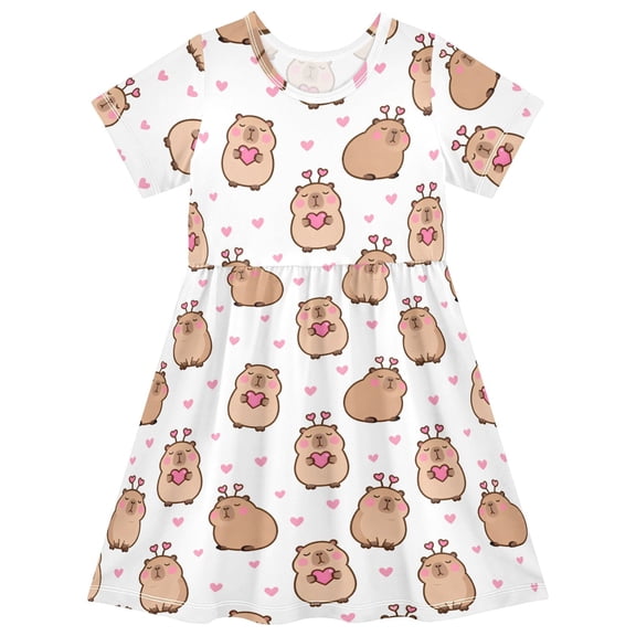 joogoo Capybara Thinking Girls' Short Sleeve Dress Kids Dresses 5-6T