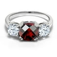 thumbnail image 2 of Gem Stone King 925 Sterling Silver Red Garnet and White Zirconia 3 Stone Engagement Ring for Women (3.90 Cttw, Gemstone January Birthstone, Cushion Checkerboard 8MM, Size 8), 2 of 5