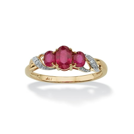 - 1 TCW Oval-Cut Ruby and Diamond Accent Three Stone Ring in 10k Gold