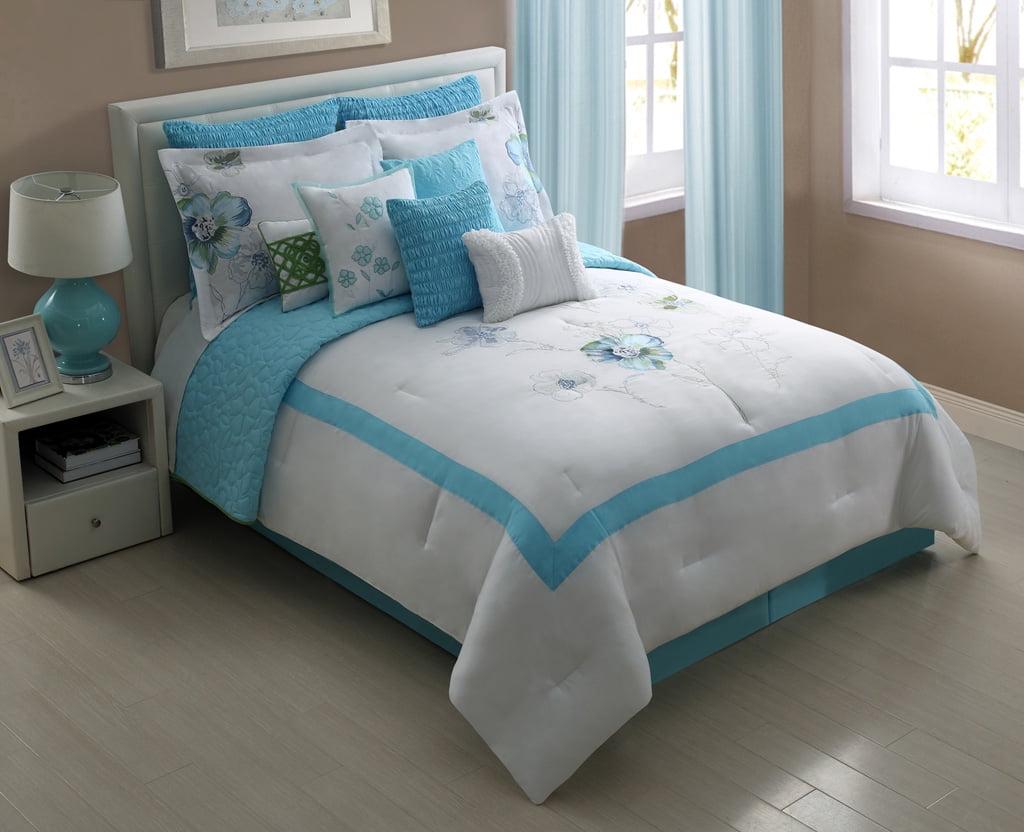 16 Piece King Peonies Blue Embroidered Bed In A Bag Set Walmart Com