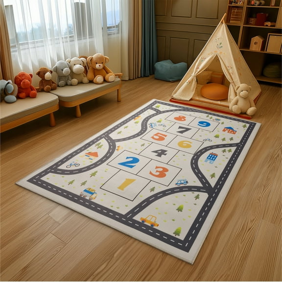 Navaris Car Play Mat - Kids Car Rug with Anti-Slip Particles - Easy to Clean Playroom Rugs - Playmat Perfect for Children's Bedrooms, with Hopscotch Design
