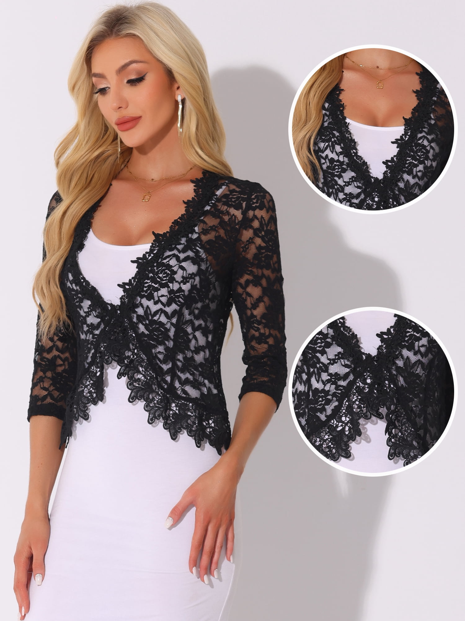 DARING DIVA Women's Floral Lace Shrugs Evening 3/4 Sleeves Formal Bolero Cardigan XL Black