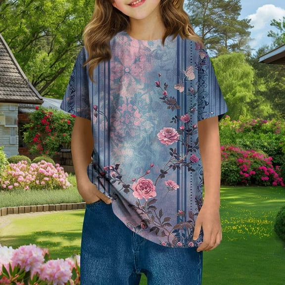 Spazoro Toddler Girls T-shirts, Summer Casual Printed Crewneck Short Sleeve Tops Tee Purple Size 4 T