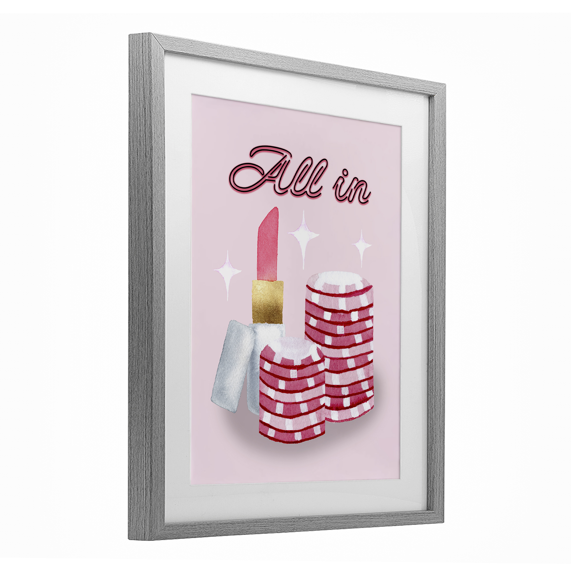 All In Poker Chips & Lipstick Gray Framed Print Under Glass, design by Nina Jacobs