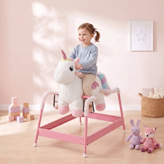 Qaba Kids Spring Rocking Horse, Unicorn Ride on Horse with Neighing Sounds, Plush Animal Ride on Toy with Covered Spring, Metal Frame for Ages 3