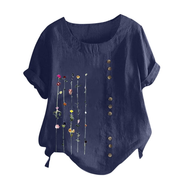 Mujeres manga corta casual cuello redondo impreso botón suelto túnica camisa blusa tops Pompotops hkajfhjk470098