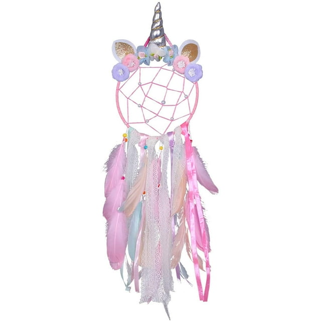 Atrapasueños infantil de unicornio con plumas para dormitorio de niña (rosa)