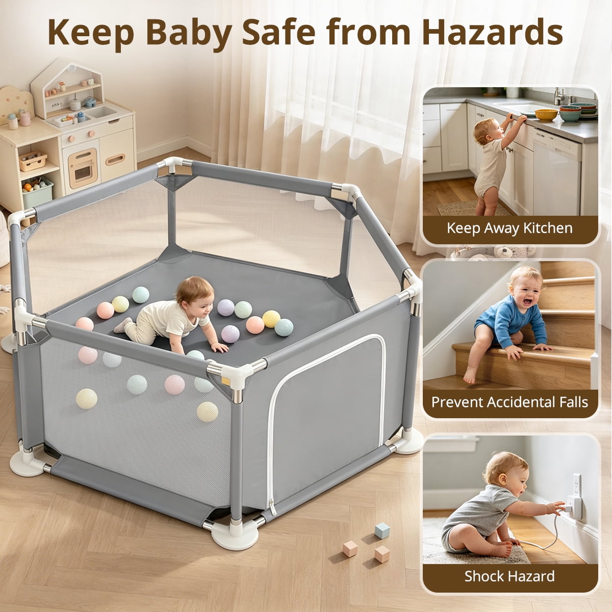 Baby Playpen, Travel Baby Playards, Baby Play Yard, 6Panels Portable Infant Play Game Area,Gray