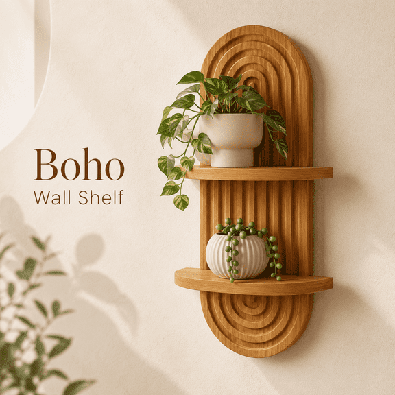 MEYRKLOE Boho Plant Wall Shelf, 2-Tier Arched Wooden Floating Shelf for Small Plants, Living Room and Bedroom Wall Decor, 16.7 in Tall, Brown