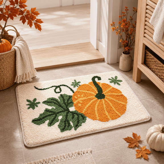 Pumpkin Bath Mat, Fall Decor Absorbent Bath Mat Halloween Pumpkin Vintage Truck Doormat Non Slide Washable Bathroom Floor Rug 15x23 Inch Multicolor