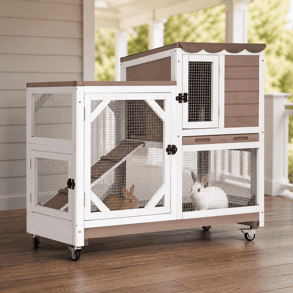 Aivituvin 2-Story Rabbit Hutch with Wheels, Indoor Outdoor Wooden Rabbit Cage with Ramp & Leak-Proof Trays for Rabbits & Guinea Pigs, Brown