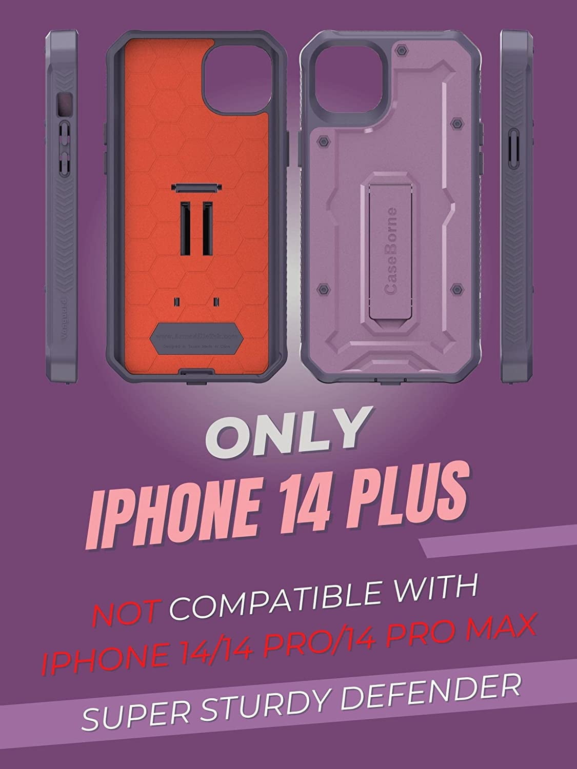 CaseBorne V Series Case Compatible with iPhone 14 Plus - Military Grade Full-Body Rugged with Kickstand and Built-in Screen Protector - Purple