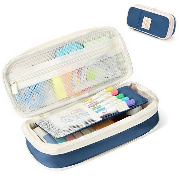 Rirool Large Capacity Pencil Case, Expandable Pencil Pouch Big Pen Bag for School Supplies with Zipper, Deformable Organizer for Teen Girls Boys, Blue
