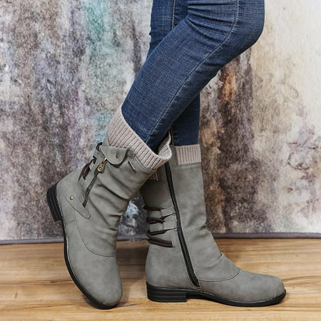 

Floleo Clearance Women Boots Vintage Winter Zipper Mid-Calf Lace Up Slip On Retro Ladies Shoes
