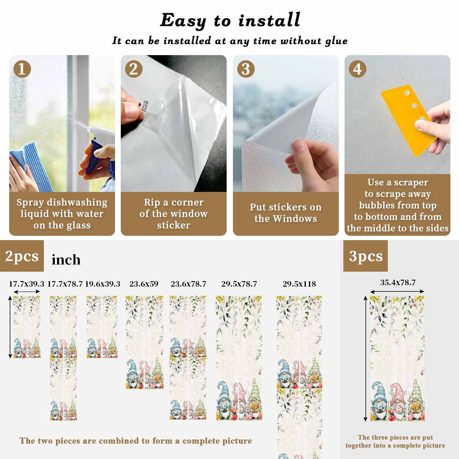 Easter Gnomes Window Privacy Film, Spring Floral Leaf Botanical Gnomes Colorful Egg Linen Texture Frosted Glass Window Clings Static Cling Heat Blocking Reusable Sticker for Bedroom 35.4x78.7 Inch