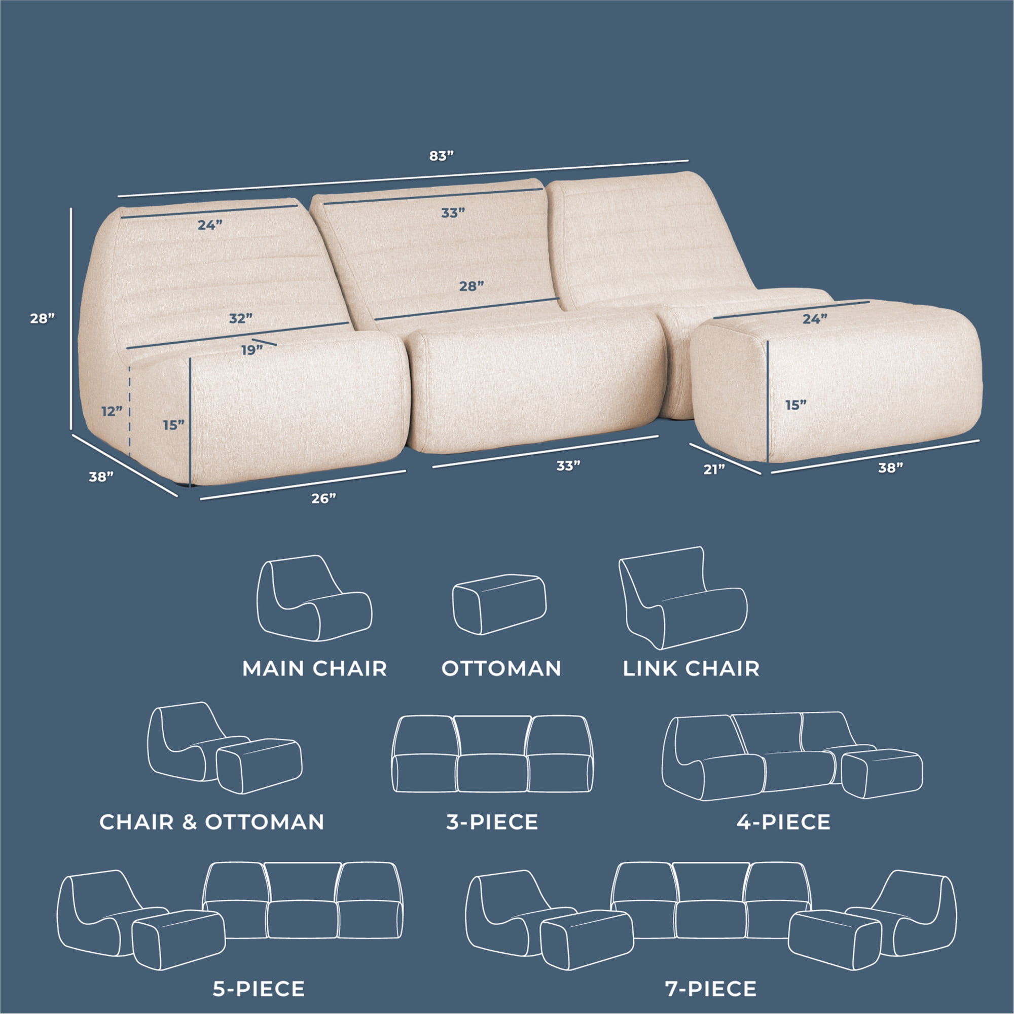 Big Joe Solvana Outdoor Sectional, 4 Piece Patio Furniture Set, Performance Linen Weather-Resistant Fabric Sofa, Sunlit Cream