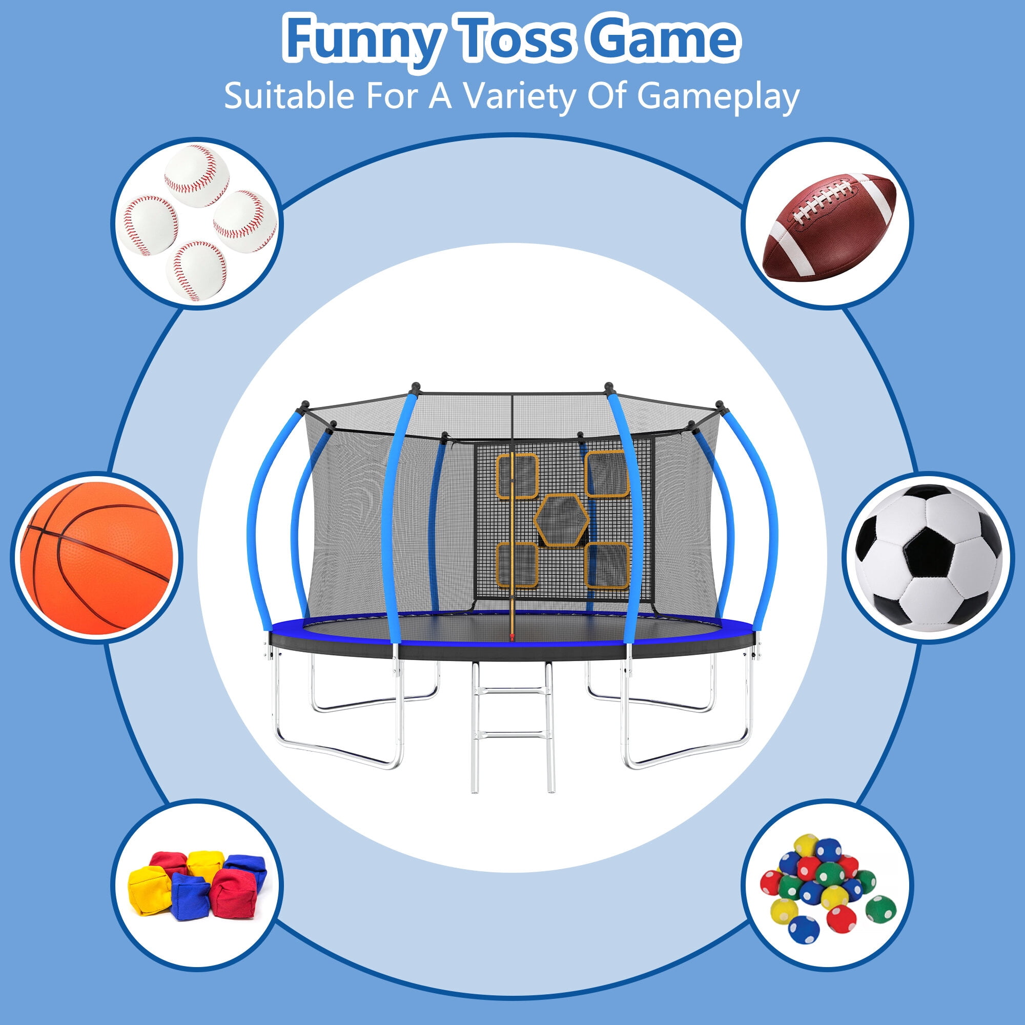 Mini Trampoline, 12FT Trampoline with Enclosure - Recreational Trampolines with Ladder, ASTM Approval Outdoor Trampoline for Kids, Black+Blue Trampoline For Kids,Steel Fitness Trampoline